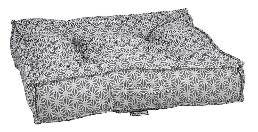 Geometric micro jacquard dog bed with gray and white patterned cover