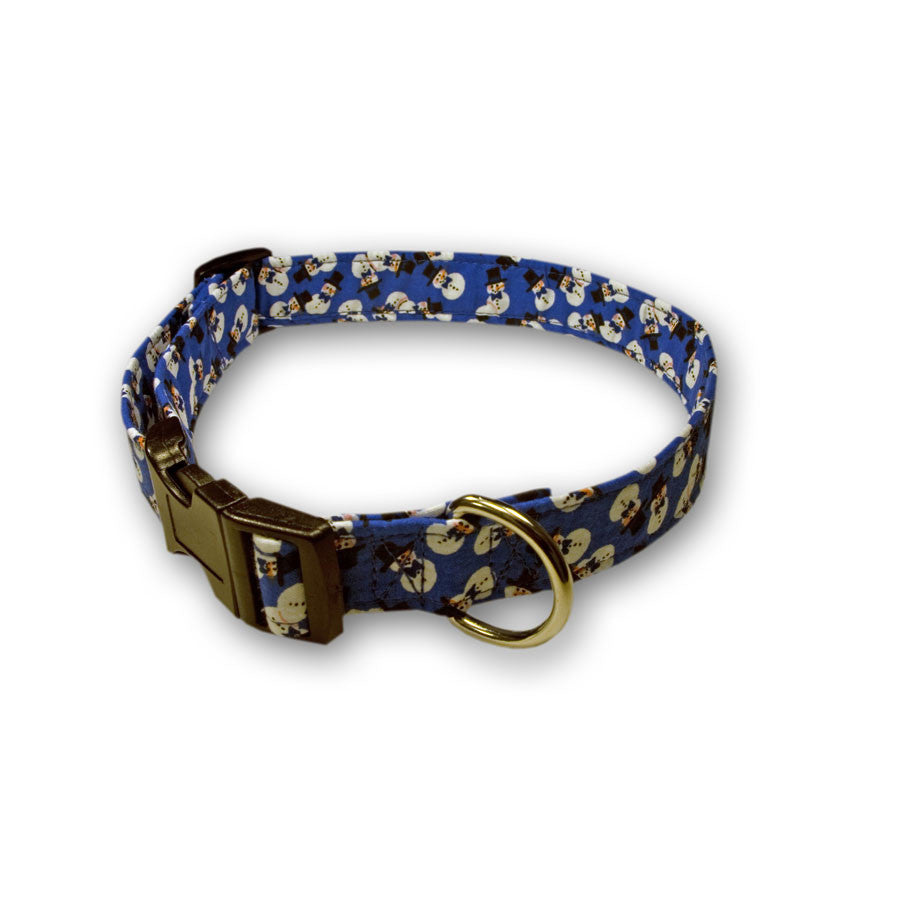 Blue dog collar with snowman pattern, brass buckle and D-ring