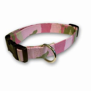 Pink camouflage dog collar with black buckle and metal D-ring.