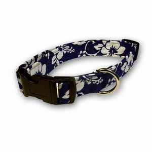 Navy floral dog collar with adjustable buckle and gold metal D-ring