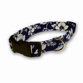 Navy floral dog collar with adjustable buckle and gold metal D-ring