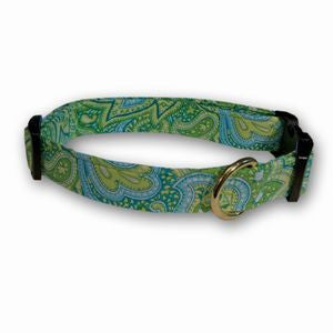 Teal paisley dog collar with adjustable black straps and brass-tone buckle