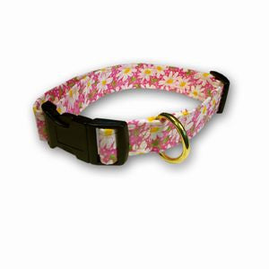 Pink daisy dog collar with black buckle, gold D-ring and metal ring