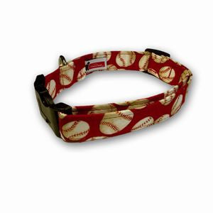Baseball print dog collar, red fabric with cream baseballs and black hardware
