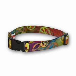 Peace sign dog collar, multicolor pattern with black buckle and adjustable strap