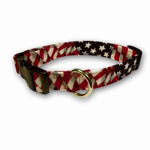 Star-and-striped dog collar with black hardware and D-ring leash attachment