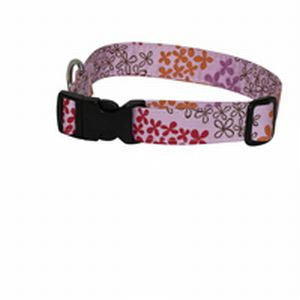 Pink floral dog collar side view with black buckle and D-ring