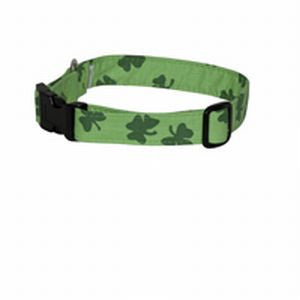 Light green dog collar with shamrock print, black buckle, and metal ring