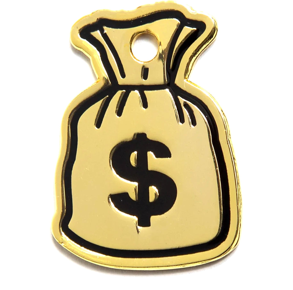 Gold-tone money bag dog tag charm with raised dollar sign and hanging hole.