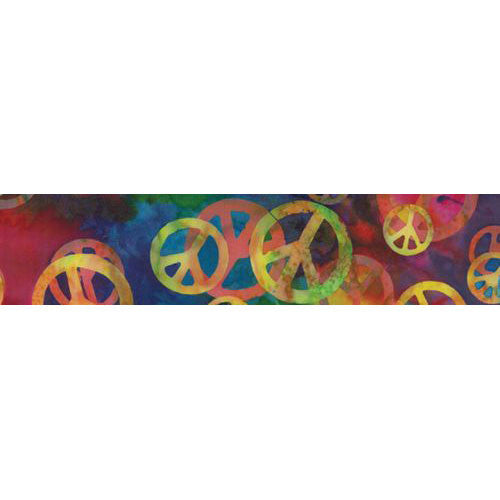 Multicolor peace sign collar fabric close-up with patchwork pattern