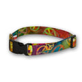 Peace sign dog collar with multicolor fabric and black buckle, adjustable strap