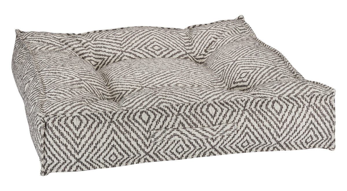 Piazza dog bed in Diamondback micro jacquard with gray diamond-pattern upholstery