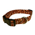 Pigskin football-print dog collar in brown with black buckle and D-ring