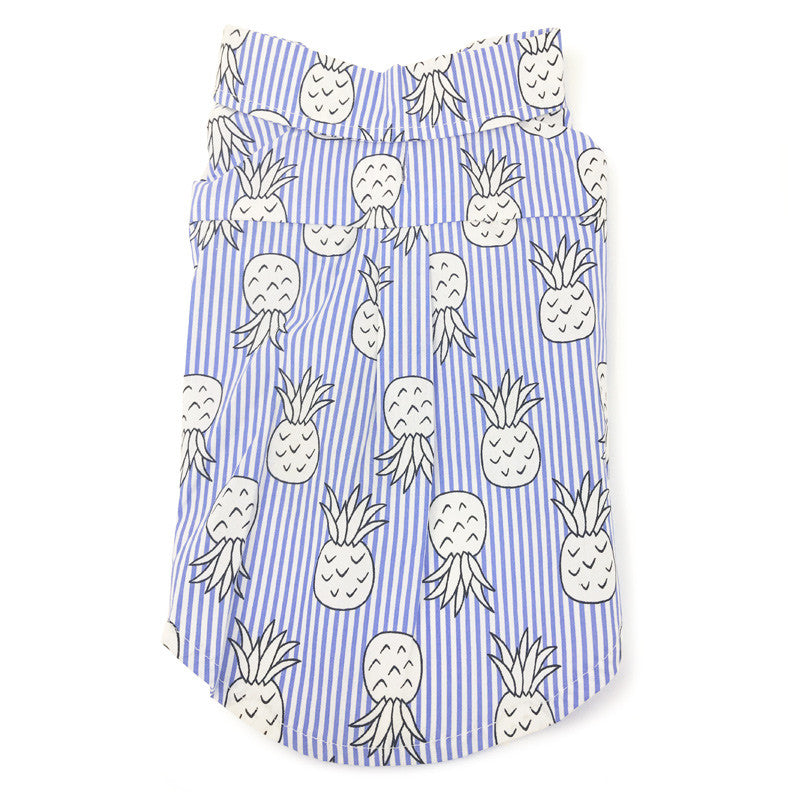 Blue dog shirt with vertical stripes and pineapple print, short sleeves