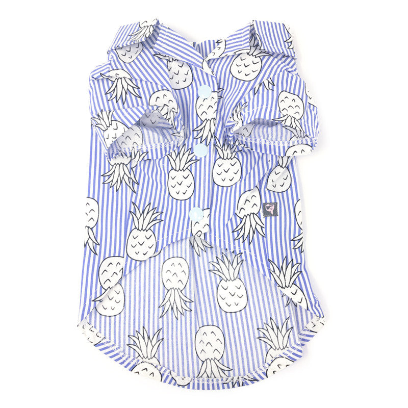 Blue striped dog shirt with pineapple pattern, long sleeves and button placket