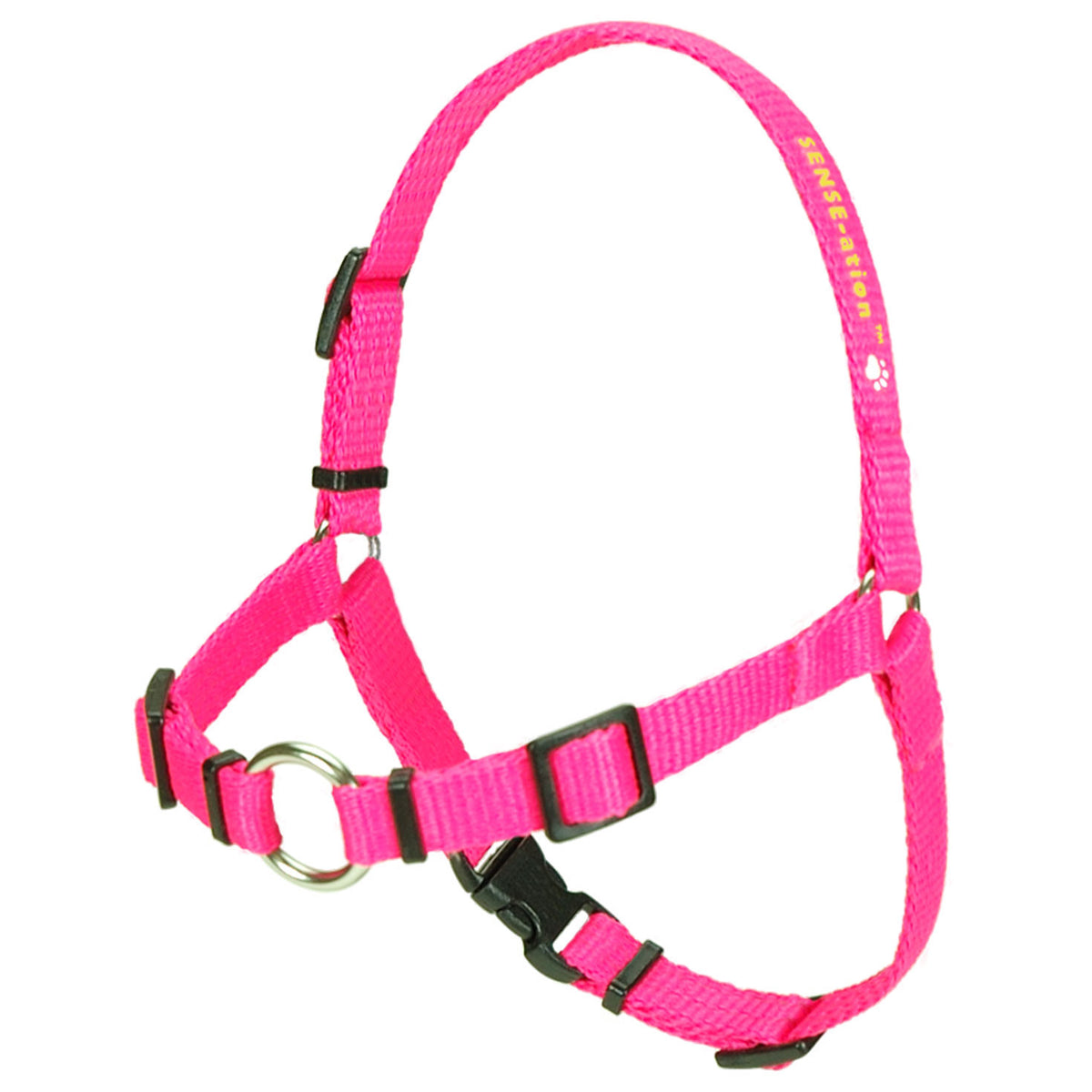 Pink dog harness with metal D-ring and adjustable straps, front view