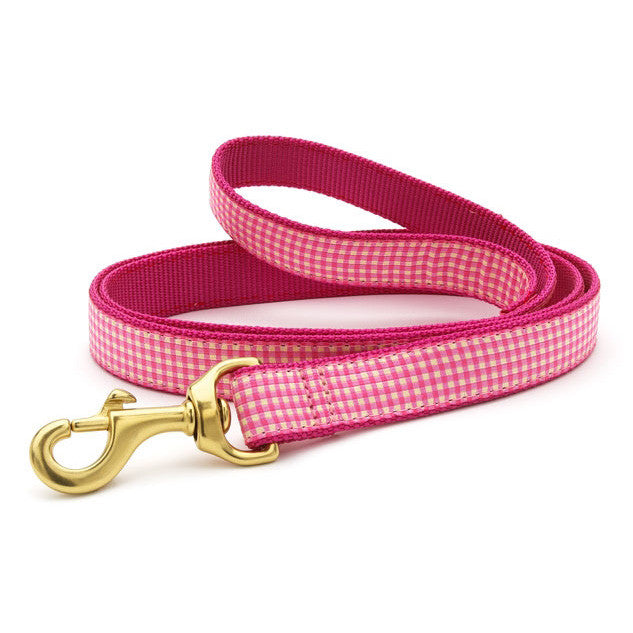 Pink gingham dog leash with gold clip and pink webbing