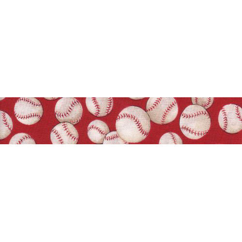 Close-up of red baseball print fabric for dog collar