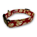Baseball print dog collar in red with black buckle and adjustable strap