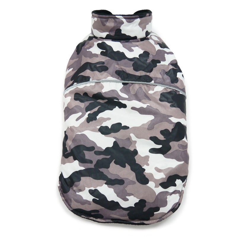 Camouflage dog sports coat with hood and front zipper, dark and light gray print