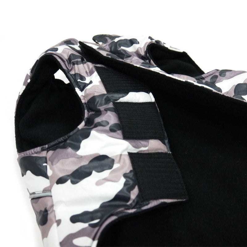 Camouflage dog sports coat with black elastic strap and zipper pull detail