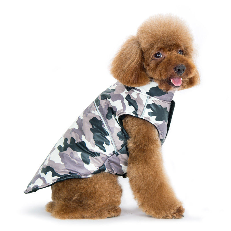 Camo dog sports coat with zip front and hood, green-gray camouflage pattern