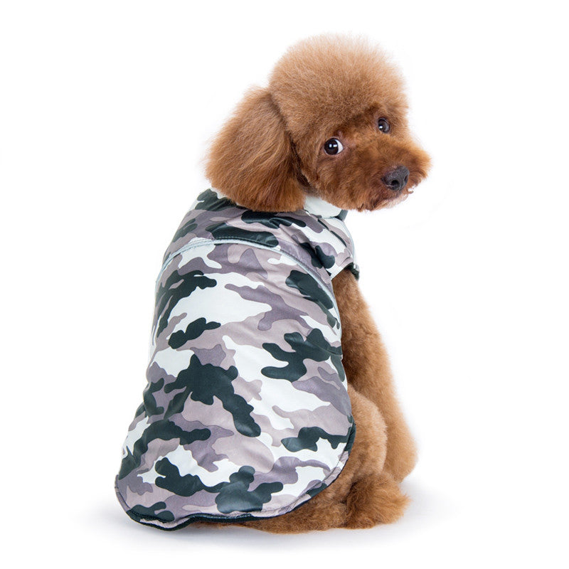 Camo dog sports coat with hood and full coverage, camouflage print