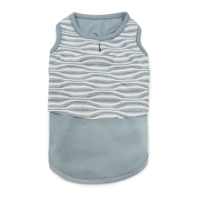 Light blue dog geometric tank top with wavy stripes, zipper front, mesh hem