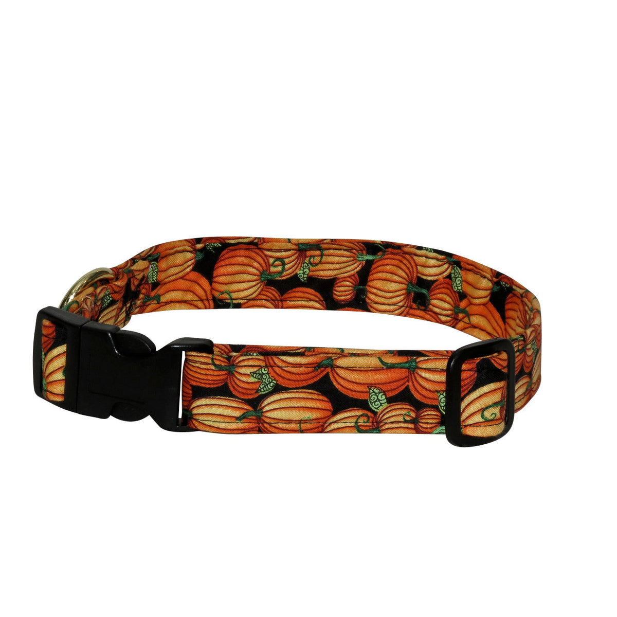Pumpkins patterned dog collar with black buckle and orange fabric