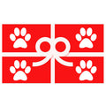 Red gift card with white paw print icons and bow-style ribbon design