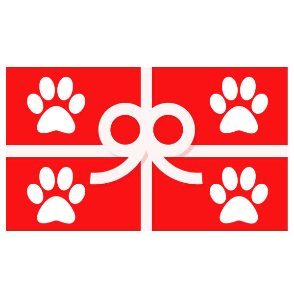 Red gift card with white paw print icons and bow-style ribbon design