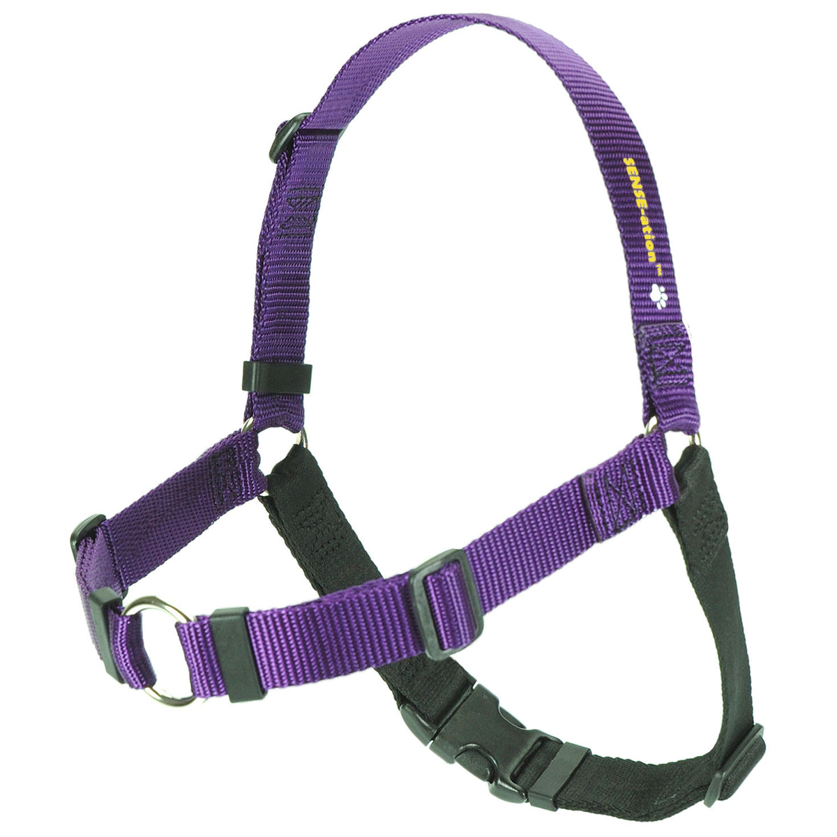 SENSE-ation dog harness, purple straps with green buckles and chest padding