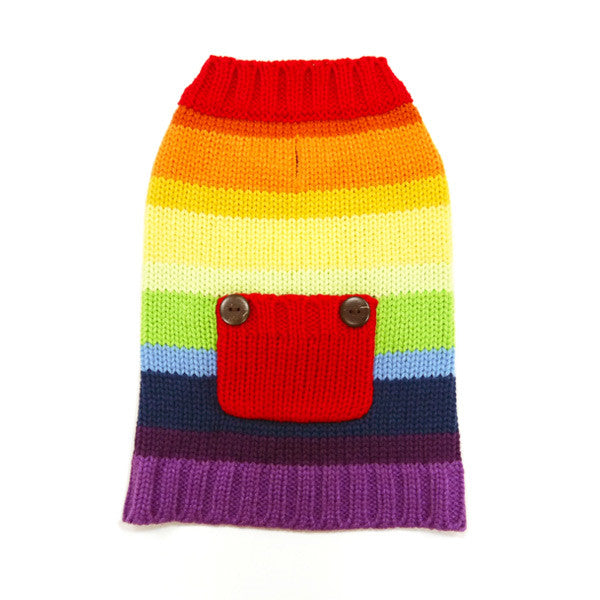 Rainbow knit dog sweater with red front pocket and wooden-look buttons, rainbow stripes