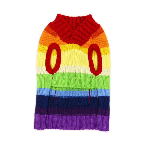 Rainbow knit dog sweater with hood and two yellow eye-like cutouts, striped pattern