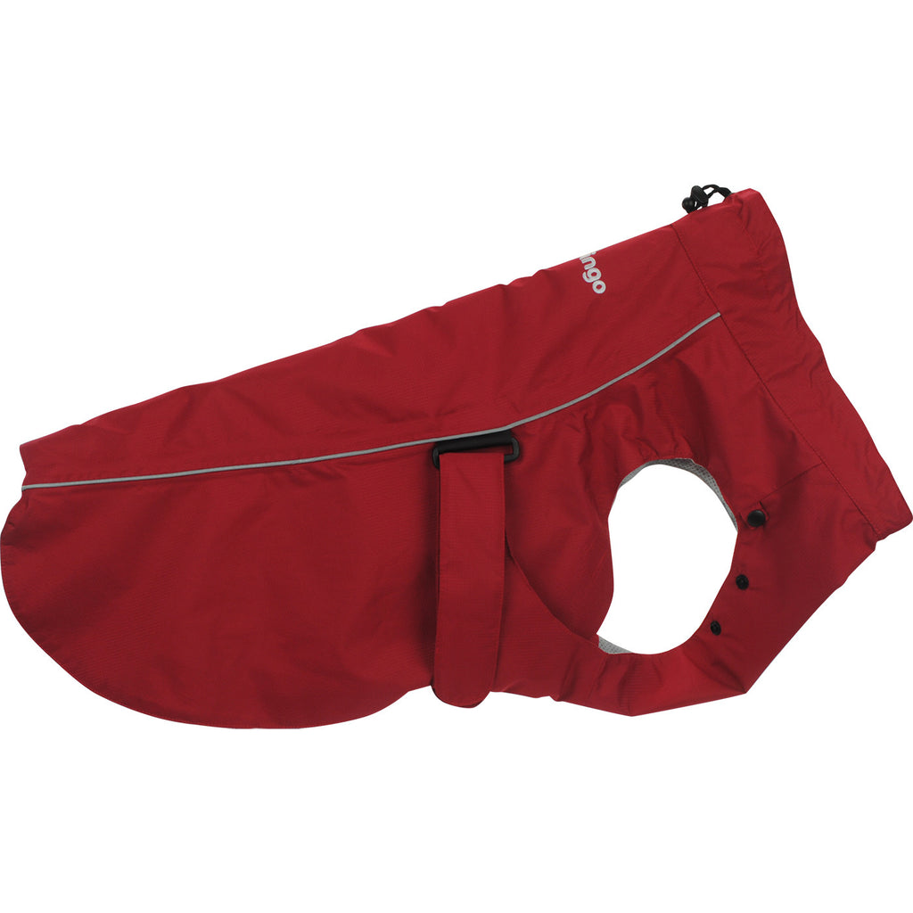 Red dog rain coat with adjustable neck, leg cutout, and tail opening.