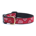 Red bandana-pattern dog collar with black strap and brass buckle ring