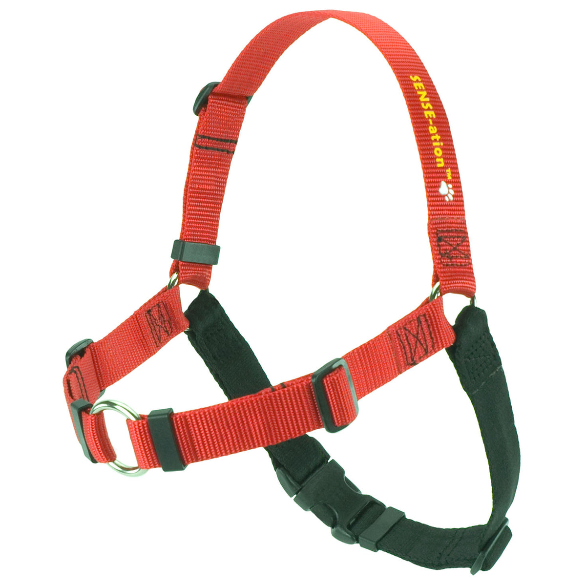 Red dog harness with green padded straps, adjustable fit and metal rings