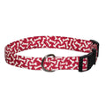 Red dog collar with white bone pattern, black buckle, and metal D-ring