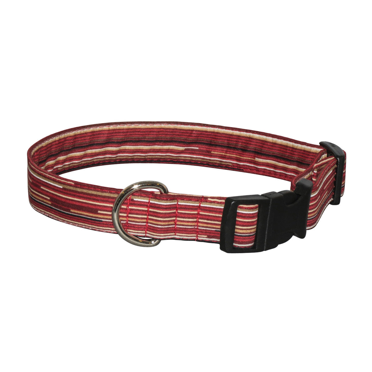 Reddish striped dog collar with black buckle and metal D-ring
