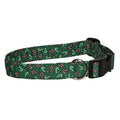 Green dog collar with red-and-white candy cane print, plastic buckle and D-ring