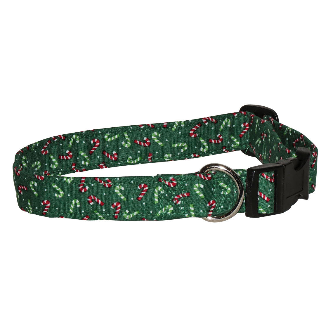 Green dog collar with red-and-white candy cane print, plastic buckle and D-ring