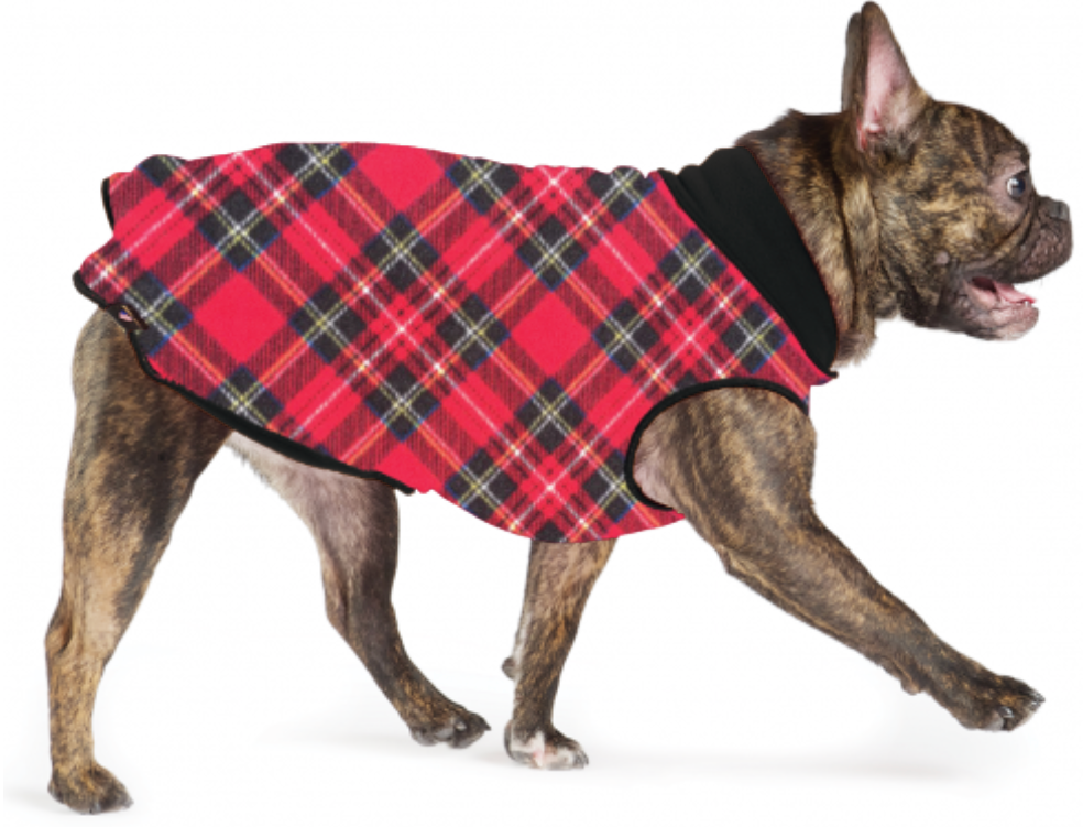 Dog plaid fleece pullover sweater with red tartan front and black back panel