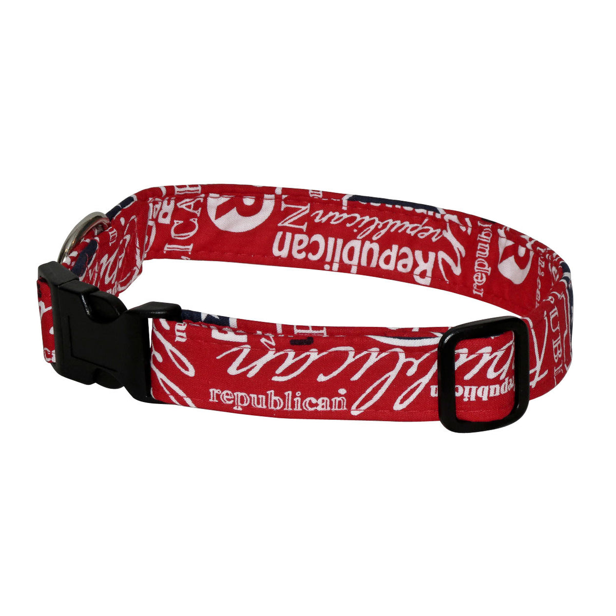 Red fabric dog collar with repeating 'Republican' text, blue emblem, adjustable buckle