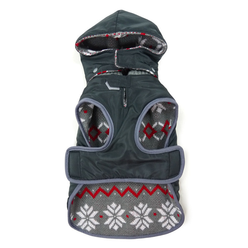 Reversible dog sweater trench coat with dark shell, knit pockets, snowflake hood