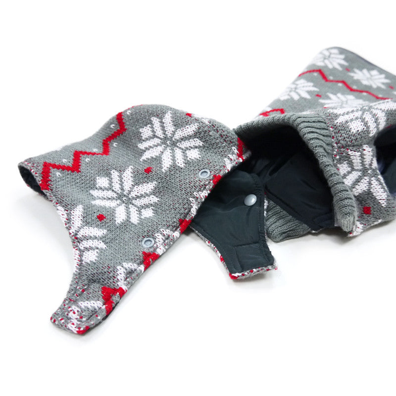 Reversible dog sweater trench coat detail: gray snowflake knit with dark hood lining