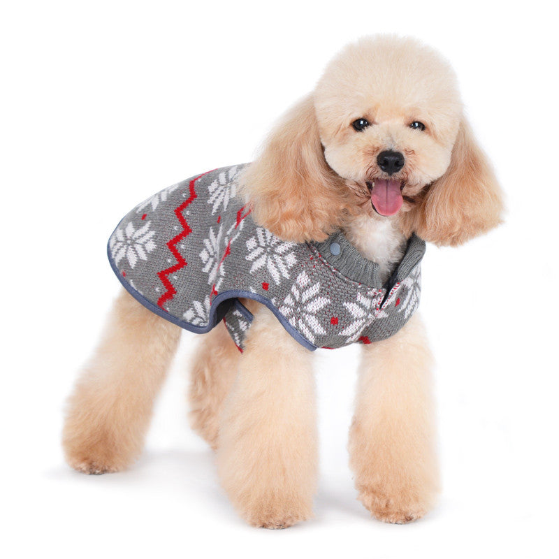 Reversible dog sweater trench coat with gray snowflake knit and red trim