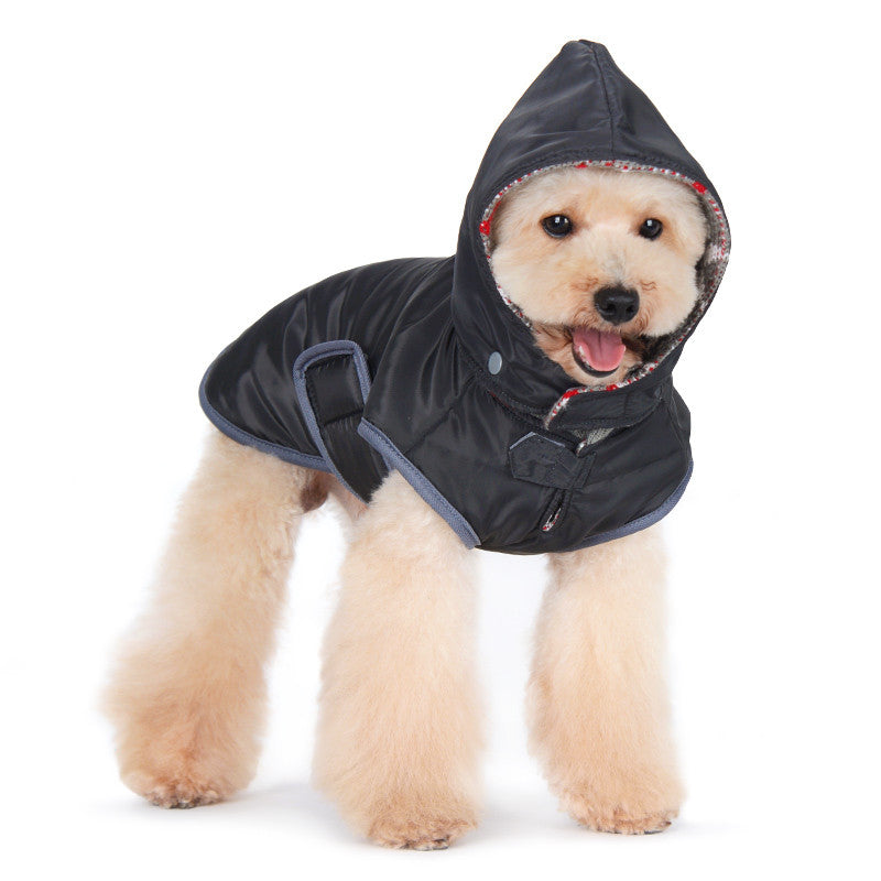 Reversible dog sweater trench coat in dark navy hooded puffer style with red accents