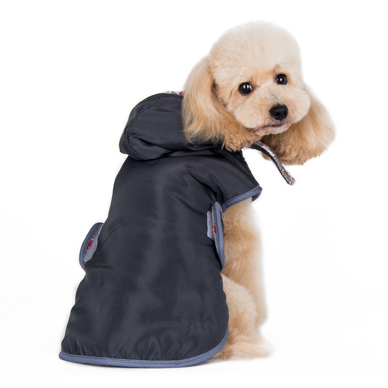 Reversible dog sweater trench coat in dark navy hooded shell with blue trim