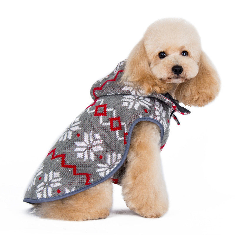 Reversible dog sweater trench coat in gray knit with red snowflake pattern