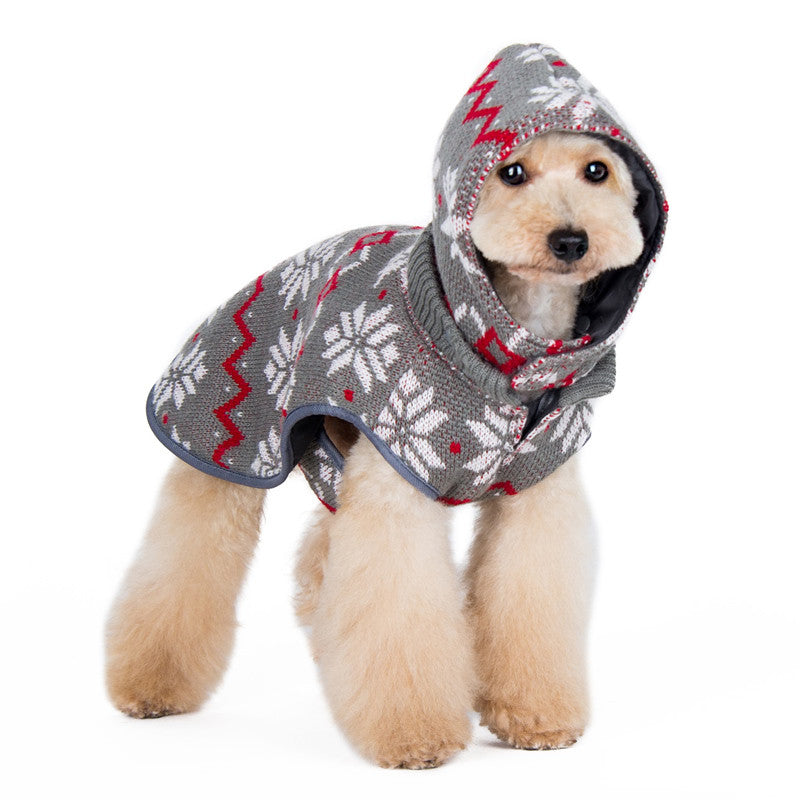 Reversible dog sweater trench coat with hood, gray knit, red zigzag and snowflakes